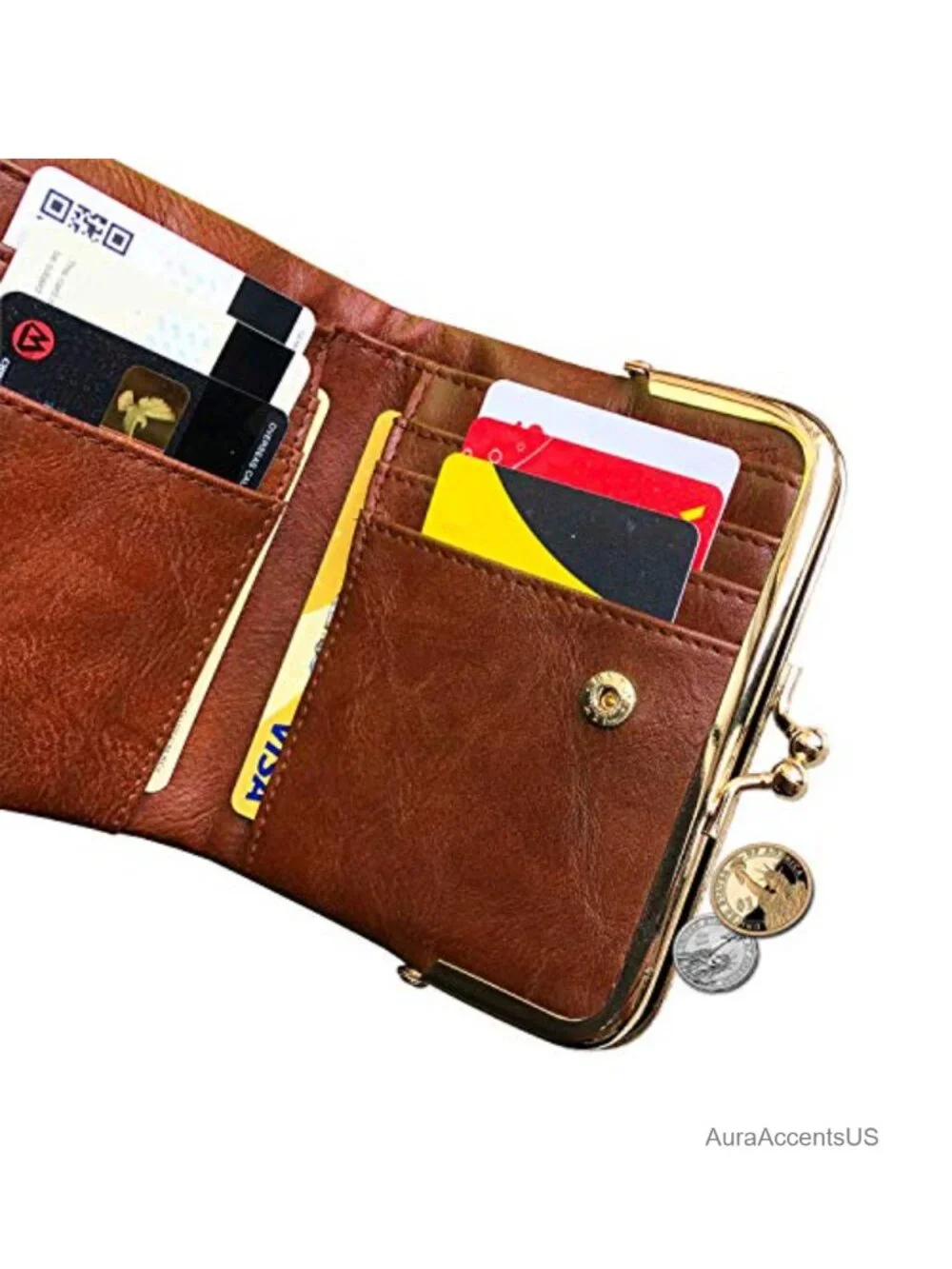 Vintage PU Leather Small Bifold Wallet for Women with Zipper & Kiss Lock